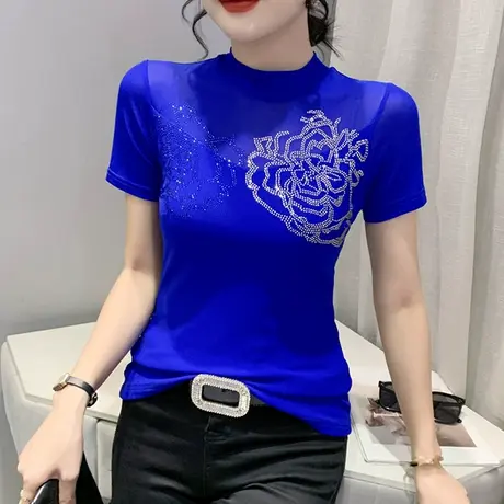 半高领网纱短袖T恤女ins欧货时尚烫钻上衣洋气修身半袖性感小衫夏商品大图