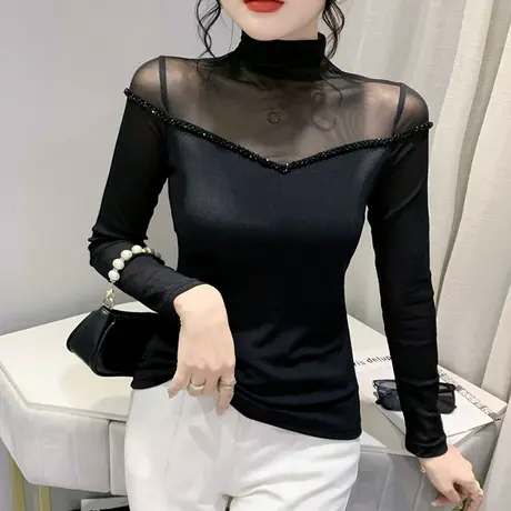 半高领打底衫女士春秋性感网纱拼接气质T恤长袖漂亮钉珠修身上衣商品大图
