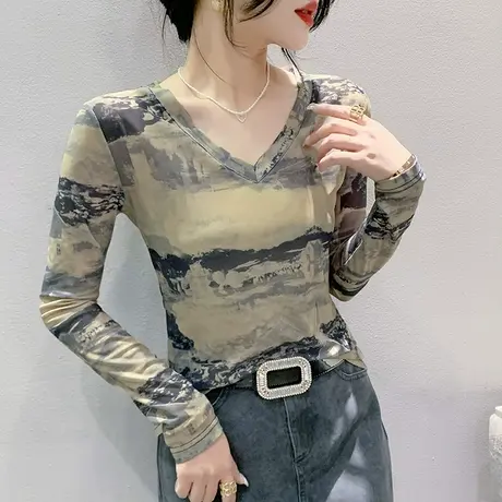 扎染印花T恤女长袖罩衫2024夏装新款性感V领网纱防晒上衣薄款小衫商品大图