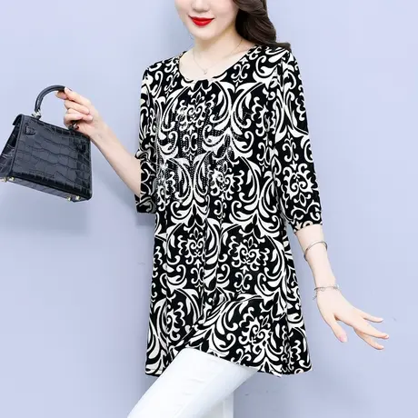 大码冰丝印花减龄气质小衫夏季2025中年妈妈宽松遮肉中长款女上衣商品大图