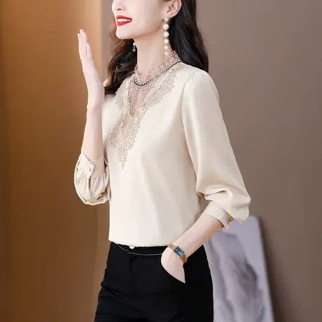 漂亮立领长袖真丝衬衫女2023秋装新款法式接拼蕾丝时尚气质女上衣商品大图