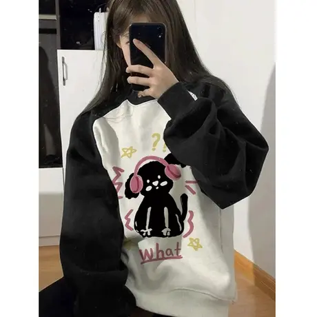 插肩袖圆领卫衣女秋冬薄款美式复古宽松小众设计感套头长袖上衣潮商品大图