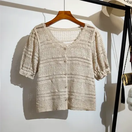 勾花镂空短袖开衫女夏季新款韩版吊带裙子外搭设计感小众防晒上衣商品大图