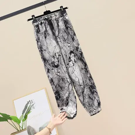 雪纺裤女2023新款夏季薄款哈伦裤高腰阔腿裤印花设计束脚休闲裤子商品大图