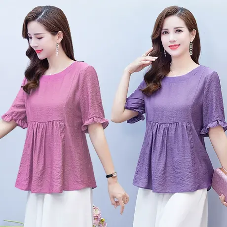 仿棉麻中袖T恤衫女时尚大码短袖打底衫娃娃衫上衣宽松大码女装图片