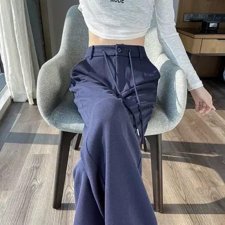 窄版阔腿裤女春秋2023新款抽绳高腰垂感针织休闲直筒宽松西装裤子图片