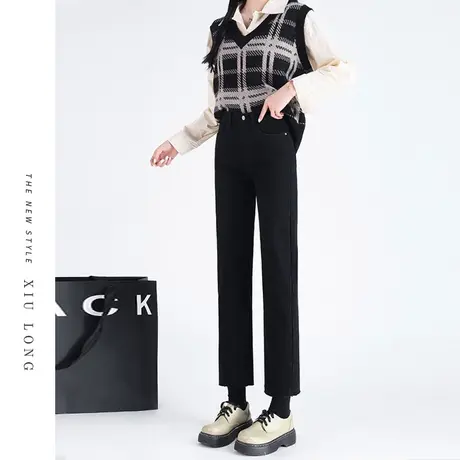黑色直筒牛仔裤女秋冬2023新款加绒高腰修身显瘦大码九分烟管裤子图片