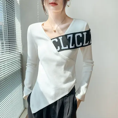 交叉设计感不规则拼接上衣女2023春季新款洋气修身显瘦长袖针织衫商品大图