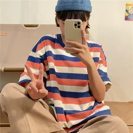 红续条纹少女韩版小众短袖t恤女2023年新款宽松夏季薄款小个子商品大图