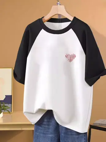 圆领短袖T恤女2023春夏新款设计感撞色宽松显瘦正肩半袖体恤上衣商品大图