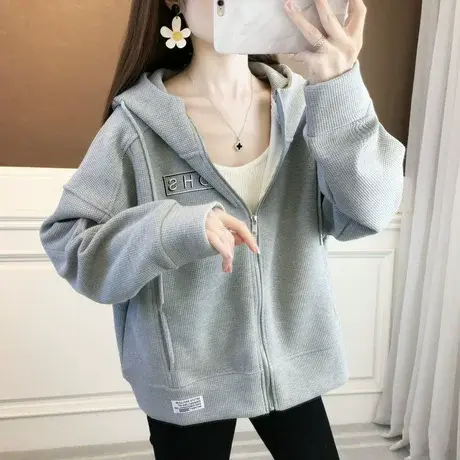 外套女秋冬韩版宽松设计感小众bf慵懒风加绒加厚小个子华夫格开衫商品大图