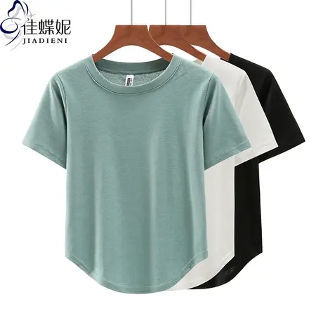 夏季新款韩版圆领下摆圆弧纯棉宽松纯色短袖体恤上衣内搭女打底衫图片