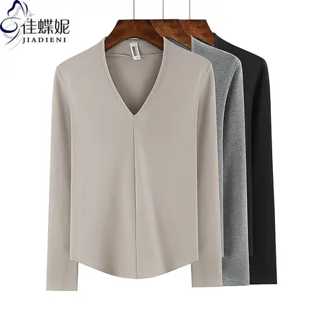 春秋新款V领修身压线拼接纯欲圆弧纯棉纯色长袖体恤上衣女打底衫图片