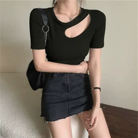 纯欲风短袖t恤女夏季2024年新款辣妹性感修身打底衫半袖短款上衣商品大图