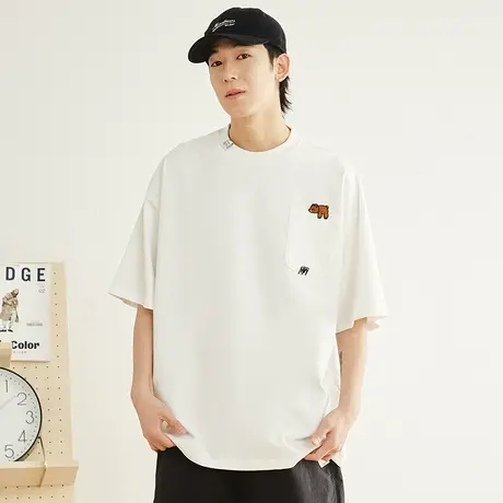 简约男装小众设计感小熊刺绣宽松短袖300g重磅白色T恤男oversize图片