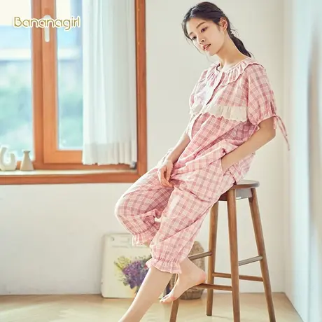 Bananagirl睡衣女夏季纯棉两件套短袖可爱圆领套头家居服七分裤薄商品大图