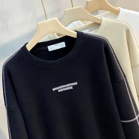 圆领卫衣男秋款加绒时尚印花无帽上衣男潮牌休闲百搭宽松套头外套商品大图