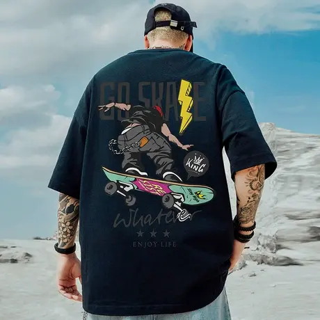 美式高街潮牌宽松T恤胖子短袖男加肥加大码半袖纯棉嘻哈男装夏季图片