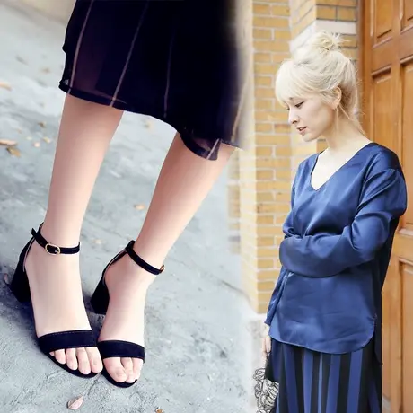 2024新款韩版显瘦女鞋一字扣凉鞋女夏中高跟粗跟百搭夏季女士罗马图片