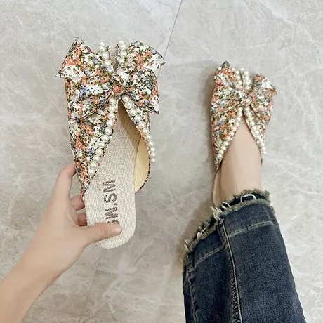 小碎花凉拖包头半拖鞋女夏外穿2023年新款蝴蝶结平底凉鞋穆勒拖鞋图片