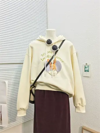 秋冬新款兔子印花连帽卫衣女加绒加厚韩版休闲宽松遮臀休闲上衣服图片
