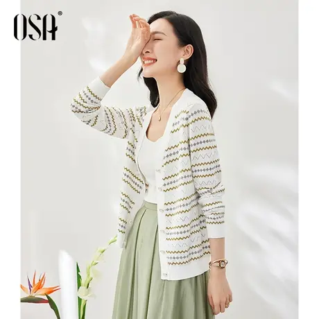OSA欧莎白色菱格纹提花针织开衫春装女士2023年新款宽松毛衣外套商品大图