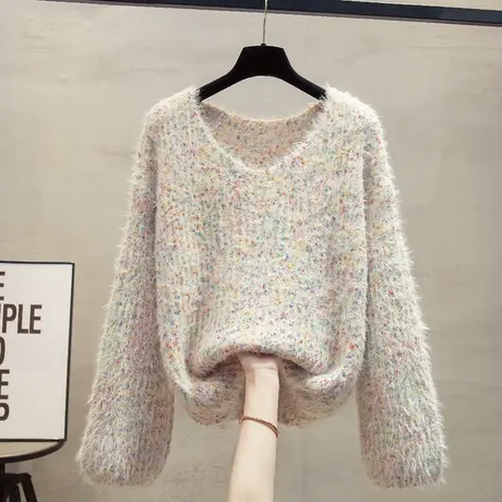 花纱v领毛衣女打底衫2023秋冬新款宽松慵懒风针织衫内搭厚上衣潮商品大图