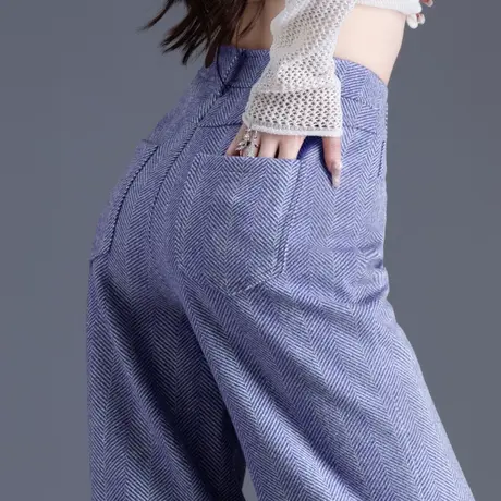 人字纹毛呢裤女款2024春新款高腰休闲蓝色加厚阔腿裤呢子直筒裤子商品大图