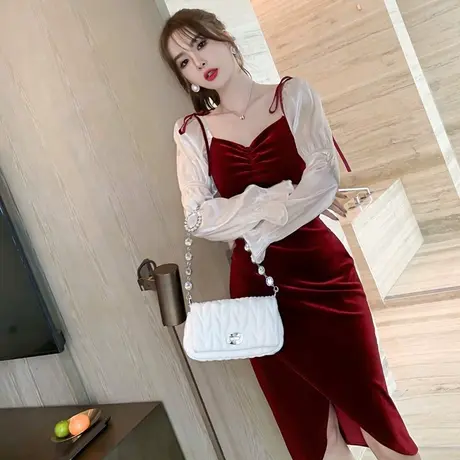 圣诞氛围感红色连衣裙秋季丝绒小礼服平时可穿气质年会晚礼服女装商品大图
