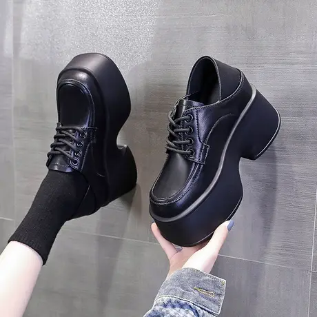 英伦风粗跟厚底小皮鞋女款春季2024新款鞋子女鞋小个子增高跟单鞋商品大图