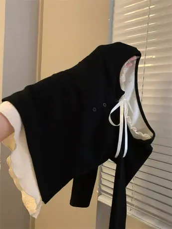 好穿爱到骨子里~黑色绑带蝴蝶结打底衫女秋冬假两件带胸垫内搭T桖商品大图