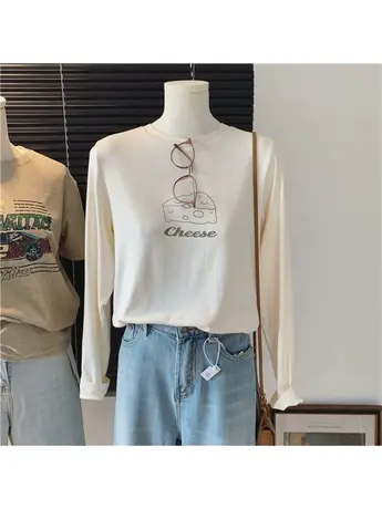 芝士印花大弹力修身薄款春季圆领长袖休闲百搭女款上衣平价T恤衫商品大图