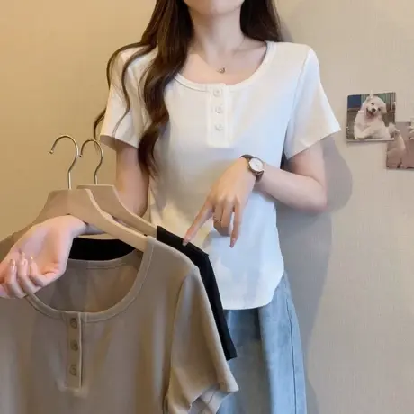 chic复古港味短袖T恤女2024年新款修身夏装百搭修身短款上衣半袖图片