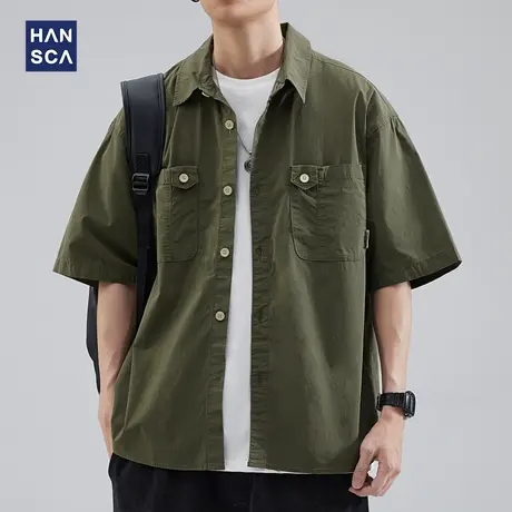 hansca翻领短袖衬衫男宽松复古夏季新款潮牌日系休闲工装衬衣外套商品大图