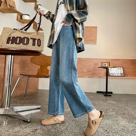 阔腿牛仔裤女小个子2024春秋季新款高腰显瘦宽松休闲九分直筒裤子商品大图