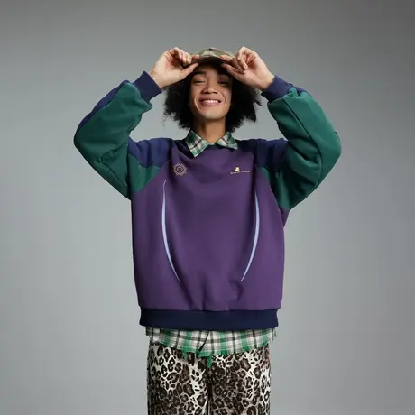 街头复古插肩袖卫衣男士春秋新款拼接潮牌情侣装宽松套头无帽上衣图片