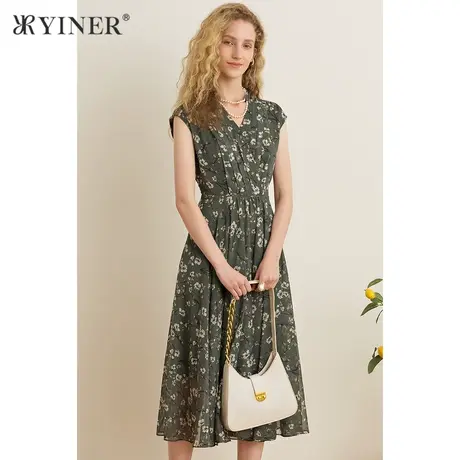 YINER音儿女装夏季V领收腰印花连衣裙商品大图