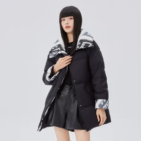 艾莱依国风纹样羽绒服女2022年新款时尚个性立领收腰冬季廓形外套商品大图