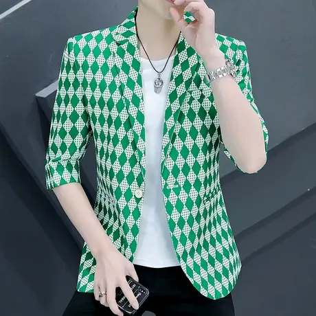 高级感男装夏季七分袖西服男潮流薄款韩版网红格子中袖休闲小西装商品大图