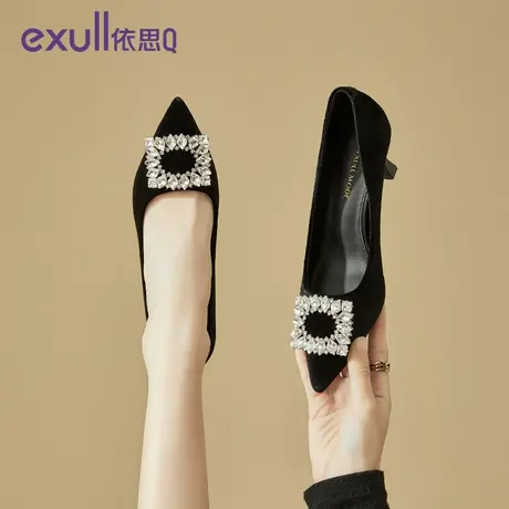 依思Q新款方扣水钻高跟鞋简约风气质时尚细跟尖头浅口女子单鞋子图片