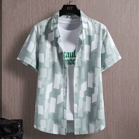 短袖衬衫男夏季冰丝薄款潮牌休闲衬衣男生帅气印花寸衫青少年衣服商品大图