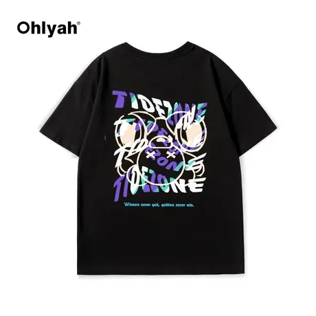 Ohlyah原创潮牌短袖小熊t恤女22新款小众设计感圆领黑色宽松上衣图片