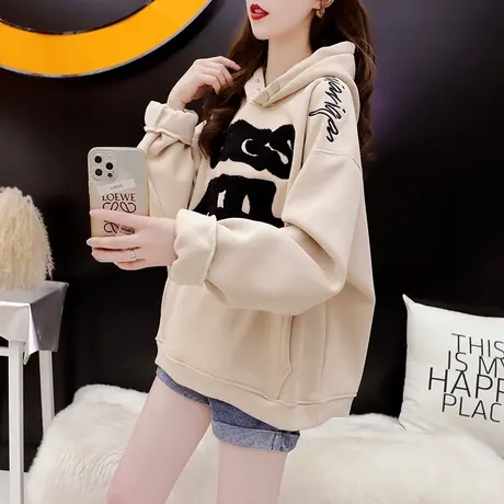 加绒加厚连帽卫衣女2022新款秋冬慵懒风宽松设计感短款小个子外套图片