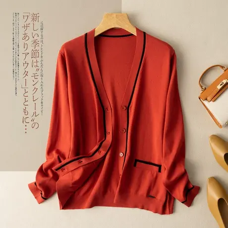 针织开衫女春秋外搭宽松V领拼色简约时尚针织上衣女2022秋季新款商品大图