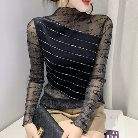 加绒打底衫女秋冬洋气烫钻网纱拼接长袖T恤女装半高领紧身上衣潮商品大图