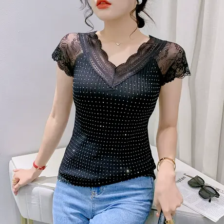 2023夏装夏装网纱拼接V领T恤女短袖时尚紧身针织上衣烫钻气质小衫商品大图