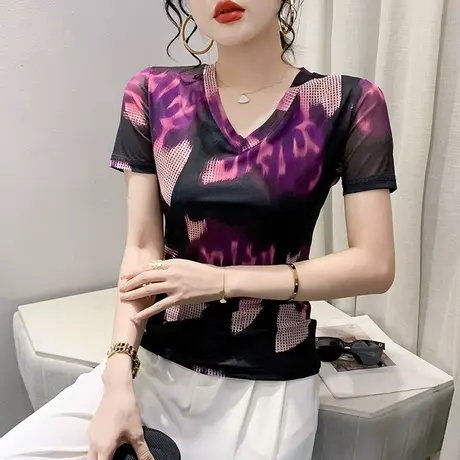 网纱T恤女短袖2023夏装新款性感V领小衫气质漂亮印花上衣减龄体恤商品大图