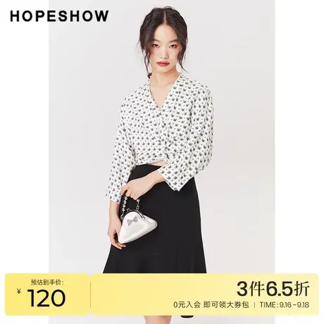 红袖outlets蝴蝶结碎花衬衫hopeshow2022夏季新款女绑带轻熟上衣商品大图
