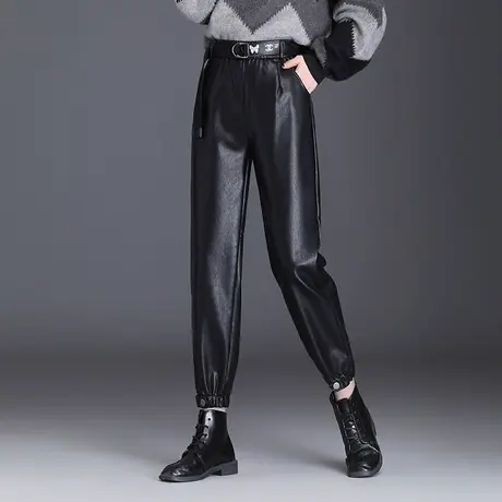 秋冬皮裤子女2023新款高腰宽松chic哈伦裤显瘦九分PU皮束脚休闲裤图片