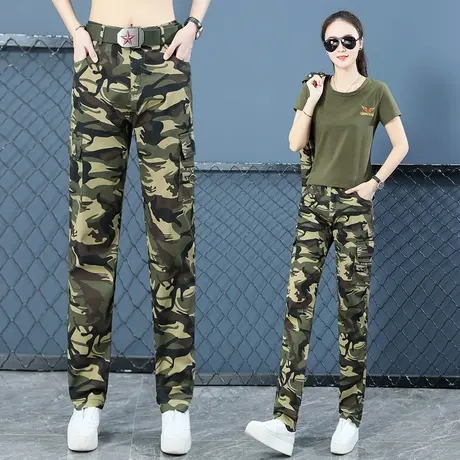 军绿春秋季2023新款帅气直筒迷彩工装裤女显瘦时尚高腰休闲长裤子图片